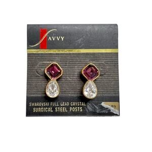 Vintage Savvy Swarovski Crystal stud earrings purple and gold tone